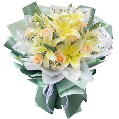 定西9朵香槟玫瑰黄色百合，每天充满活力
