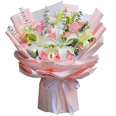 定西16朵粉玫瑰百合，感情稳定坚固